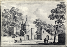 107319 Gezicht op de toegangspoort tot het kasteel Duurstede te Wijk bij Duurstede, met daarachter de Bourgondische toren.